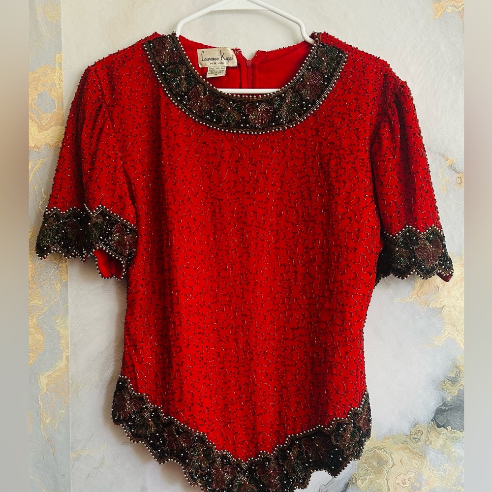 LAURENCE KAZAR New York Silk Beaded Holiday Themed Blouse Top Size M